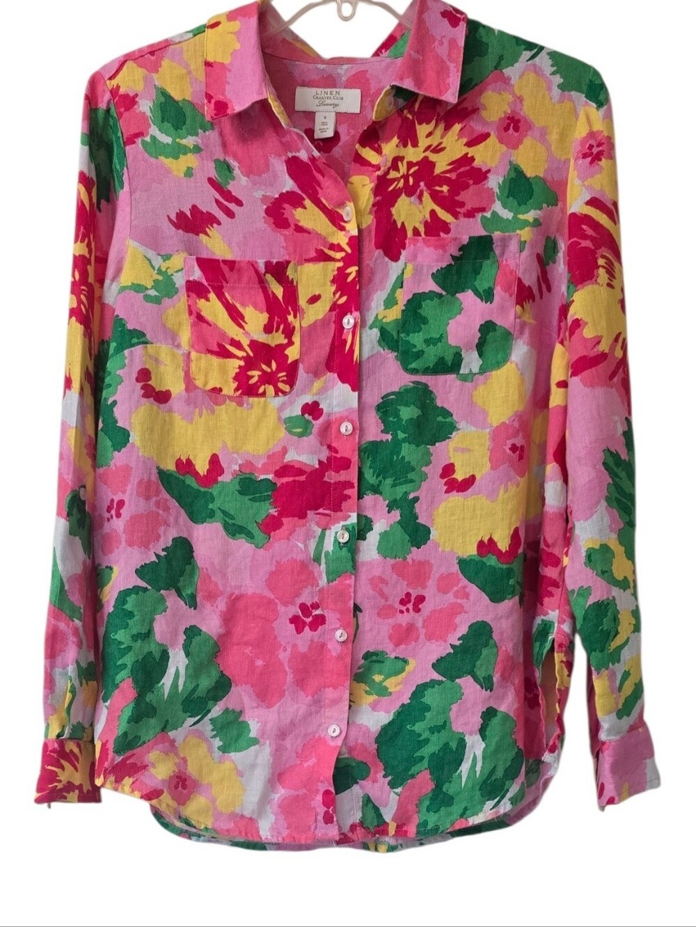 Charter Club Linen Luxury Pink Floral Button-Down Shirt Size S